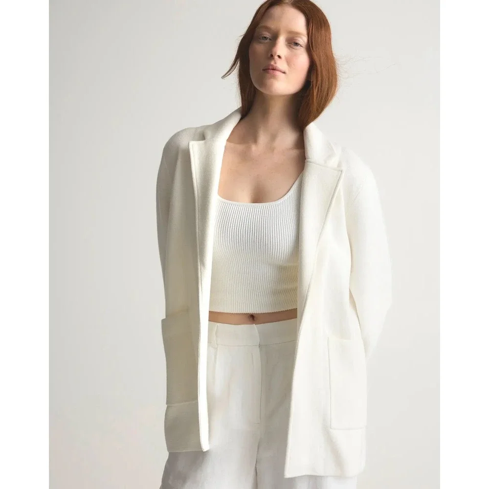 Quince Organic Cotton Knit Blazer Ivory White Cream Cardigan Jacket Large L